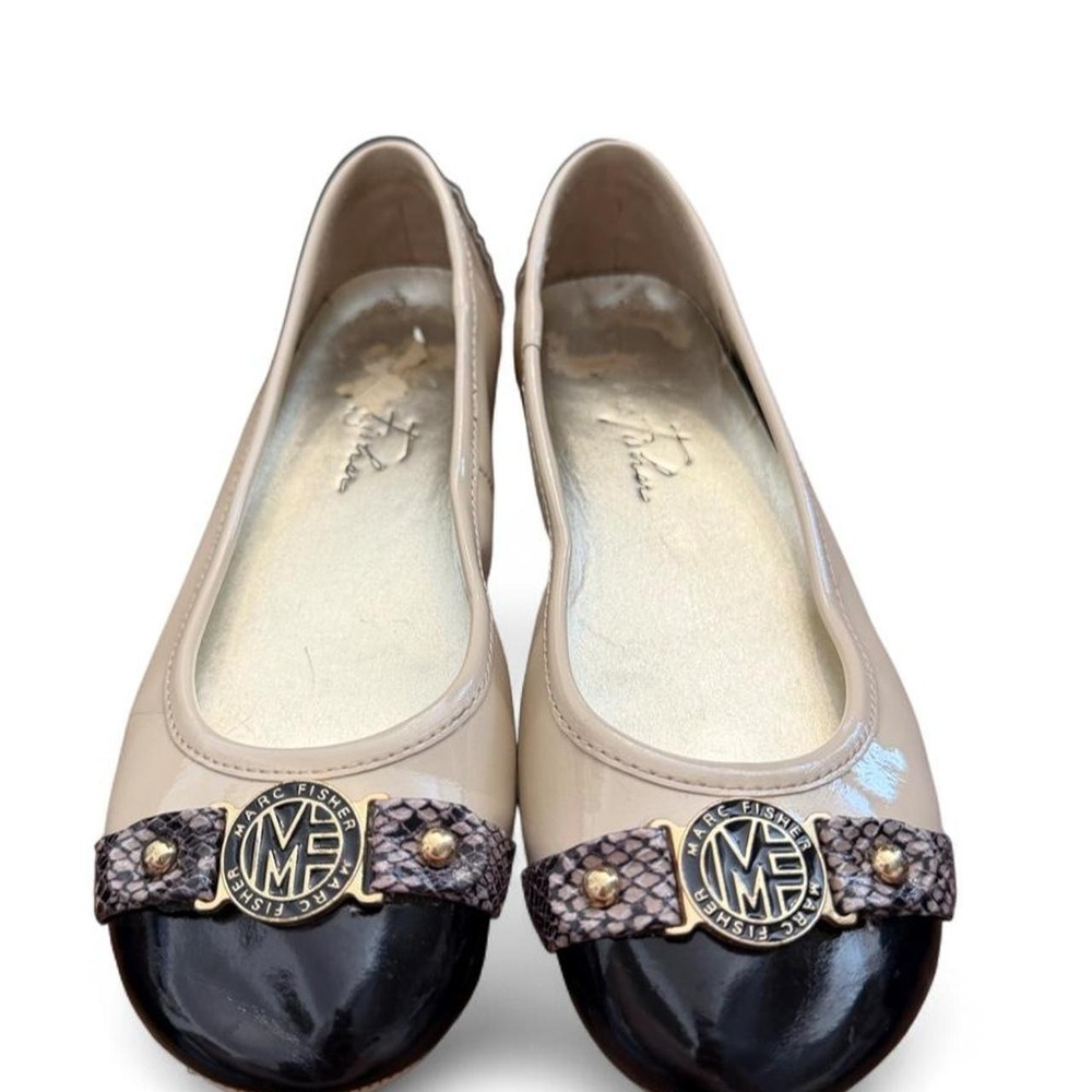 Marc Fisher MFCUTTIE Beige Black Patent Cap Toe Ballet Flats Snakeskin Logo 6M